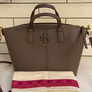 Tory Burch McGraw Leather Satchel in Grey Huron